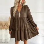 Short Loose V Neck Dress Wrinkled Design Solid Color Minimalist Style Autumn Fashion Wholesale A
