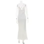 Elegant French Style Lace Trimmed V Neck Cami Dress Hollow Out Sexy Back Adjustable Straps Eveni