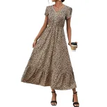 Elegant Leopard Print Maxi Dress with Lace Trim V Neck Flowy Silhouette Versatile Style Perfect
