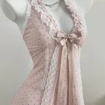 Polka Dot V Neck Cake Dress Bow Tie Neckline Waist Defined Womens Fashion Perfect for Parties an