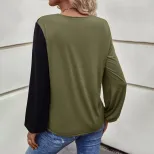Womens Color Block Long Sleeve T Shirt Loose Fit Pocket Design Casual Style Perfect for Everyday