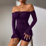 Purple Off Shoulder Mini Dress Sexy Design Summer Style Lightweight Fabric Perfect for Parties a