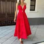 Sexy Red V Neck Maxi Dress Womens Spring Summer Fashion Elegant A Line Silhouette Wholesale Avai