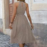 Vintage Geometric Print Halter Neck Dress Half High Collar Elegant Silhouette Comfortable Fabric