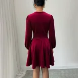 Vintage Style Burgundy Velvet A Line Dress V Neck Lantern Sleeves Slim Fit Ruffled Cocktail Part