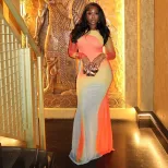 Color Block Bodycon Dress Slim Fit Long Sleeve Round Neck Ruffled Design Summer Fashion for Wome