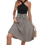 Sleeveless Color Block Halter Dress Crossed Neckline Elegant Design Perfect for Summer Events Wh