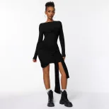Elegant Womens Dress Unique Design Pleated Waist Defining Slim Fit Autumn Winter Fashion Wholesa