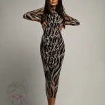 Fashionable Slim Fit Mesh Printed Ruched Bodycon Dress Long Sleeve High Neck Elegant Style Perfe
