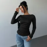 V Neck Long Sleeve Ribbed Knit Top Soft Fabric Slim Fit Solid Color Casual Wear for Women Wholes