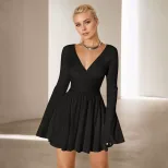 Elegant Womens Dress Long Sleeve V Neck Waist Cinching Solid Color Spring Summer Fashion for Cas