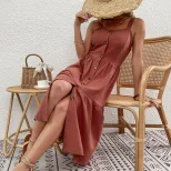 Cotton Linen Maxi Dress Simple Solid Color Sleeveless Casual Style Perfect for Summer Vacations