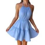 Summer Womens French Style Sexy Backless Dress Halter Neck Sweet A Line Silhouette Lightweight F