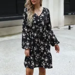 Fashion Womens Black Floral Print Long Sleeve V Neck Dress Stylish Elegant Versatile Perfect for