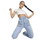 High Waisted Wide Leg Stretch Denim Pants Slim Fit Color Block Design Spring Fall Fashion Wholes