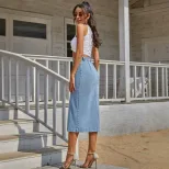 Fashionable Irregular Split Denim Maxi Skirt Womens Casual Style Perfect for Spring Summer Ready