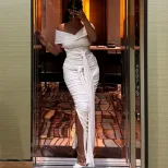Womens Elegant Solid Color Dress Off Shoulder Split Hem Flowing Ribbons Casual or Party Wear Who