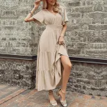 Elegant Summer V Neck Ruffled Hem Dress Slim Fit Solid Color Versatile Style Perfect for Casual