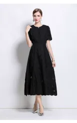 Elegant Womens Summer Dress with Hollow Embroidery and Waist Detail in Various Colors and Sizes for Casual Occasions