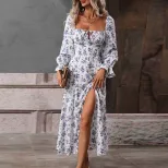 Floral Print Maxi Dress Square Neck High Waist Elegant Style Spring Summer Fashion Wholesale Ava