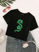 Fashionable Womens Hip Hop T Shirt Unique Dragon Print Short Sleeve Casual Style Wholesale Avail