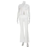 Slim Fit Solid Color Half High Neck Short Sleeve Top with Low Waist Flare Pants Trendy Two Piece