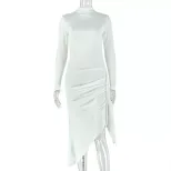 Slim Fit Solid Color Midi Dress for Women Elegant Style Ruffled Details Round Neck Long Sleeve P