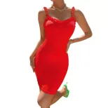 Summer French Style Slim Fit Red Ribbed Knit Bodycon Dress with Spaghetti Straps and Open Back f