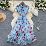 Polo Neck Short Sleeve Dress for Women Slim Fit Waist Design Floral Print Summer Casual Wear