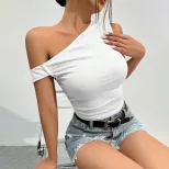 Asymmetrical Shoulder Knit T Shirt Slim Fit Sexy Design Comfortable Fabric Casual Wear for Women