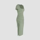 Knit Bodycon Dress Elegant V Neck Side Slit Slim Fit Ribbed Fabric Perfect for Parties and Event