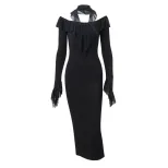 Elegant Long Sleeve Bodycon Dress Off Shoulder Design Fringe Detail High Waist Flared Sleeves Pe