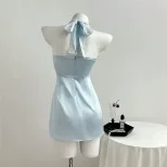C2现货-95292#亚马逊跨境欧美蕾丝拼接V领纯欲挂脖绑带女装连衣裙