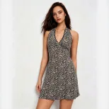 Leopard Print Halter Dress for Women Lace Trim V Neck Slim Fit A Line Summer Casual Wear Wholesale Available