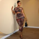 Casual Color Block Printed Dress Set for Women Short Sleeve Round Neck Bodycon Fit Trendy Summer