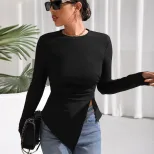 Womens Long Sleeve Irregular T Shirt Slim Fit Round Neck Fashionable Elegant Autumn Winter Colle