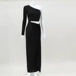Off Shoulder Long Sleeve Hollow Out Bodycon Dress High Waist Solid Color Sexy Style Evening Part