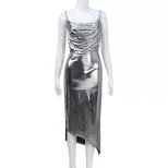 Sexy Backless Spaghetti Strap Maxi Dress Gold Foil Detail High Slit Elegant Fit Perfect for Part