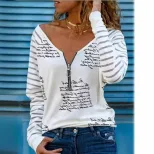 Long Sleeve V Neck T Shirt Eye Print Zipper Design Comfortable Fabric Casual Wear for Spring and