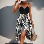 Elegant Womens Abstract Print Slip Dress Irregular Lace Paneling Perfect for Parties and Special
