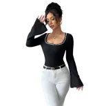 Black Square Neck Long Sleeve T Shirt for Women with Pearl Decor and Flared Sleeves Slim Fit for Casual Wear Wholesale