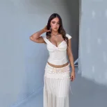 Womens French Style Cropped Tank Top and Ruched Midi Skirt Set Sexy Low Cut Flattering Fit Autum