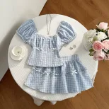 Womens Summer Plaid Puff Sleeve Shirt and A Line Skirt Set in Blue Casual Fashion
