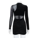Womens Velvet Bodycon Dress Sheer Mesh Panel Ruched Design Long Sleeve Autumn Fashion for Partie