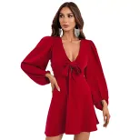 Sexy Hollow Out Tie Waist Puff Sleeve Dress Elegant Design Comfortable Fabric Perfect for Partie