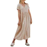 Casual Loose Button V Neck Solid Color Dress New Arrival European and American Style Perfect for