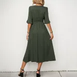 Elegant V Neck Flare Sleeve Midi Dress Solid Color Summer Style Perfect for Casual or Formal Occ