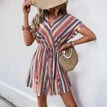 Casual Beach Vacation Dress Colorful Striped Design Shirt Collar Lightweight Fabric Summer Wear Wholesale Availa