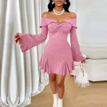 Off Shoulder Short Party Dress Bell Sleeves Sexy Fit Spring Summer Style Wholesale Available