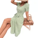 Floral Knot Dress Elegant Casual Style Suitable for Commuting and Vacations Available for Wholes